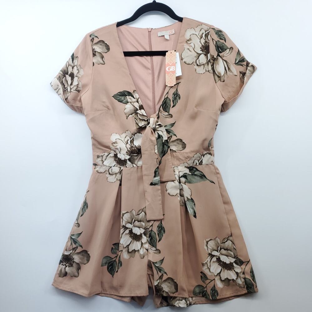 Gianni Bini Sand Floral Front Tie Romper Shorts Small New